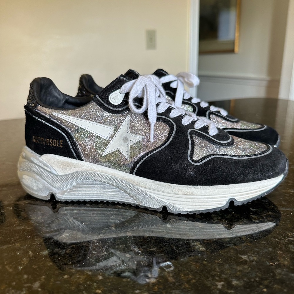 GOLDEN GOOSE RUNNING SOLE CAMO GLITTER BLACK SUEDE SIZE 39